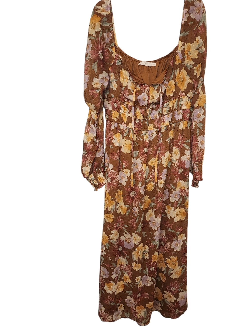 Smocked Long-Sleeve Floral Maxi Dress in Brown and Mustard
